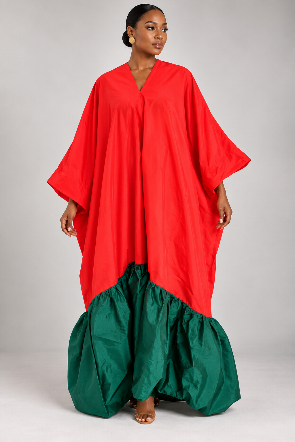Two-Tone Voluminous Ruffled Kaftan Maxi Dress