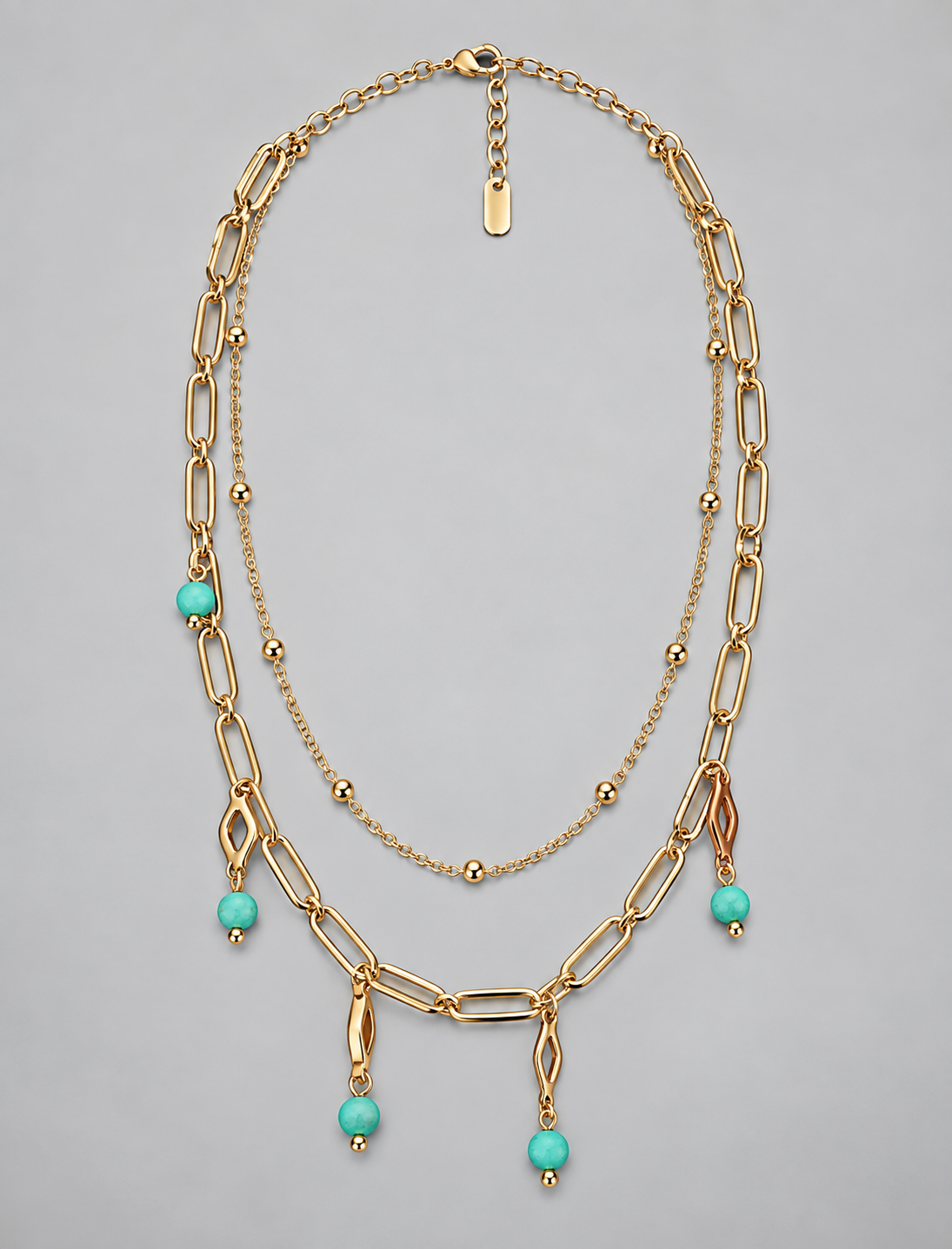 Gold Layered Paperclip Chain Necklace with Turquoise Charms (FF6998)