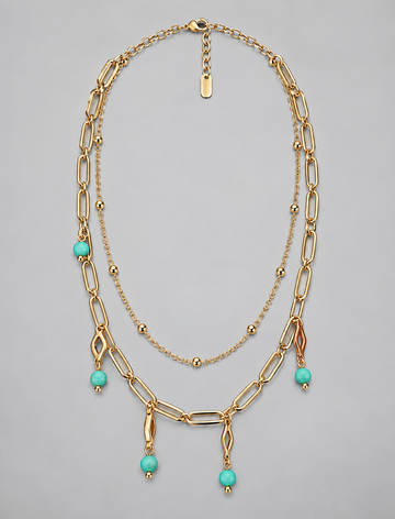 Gold Layered Paperclip Chain Necklace with Turquoise Charms (FF6998)