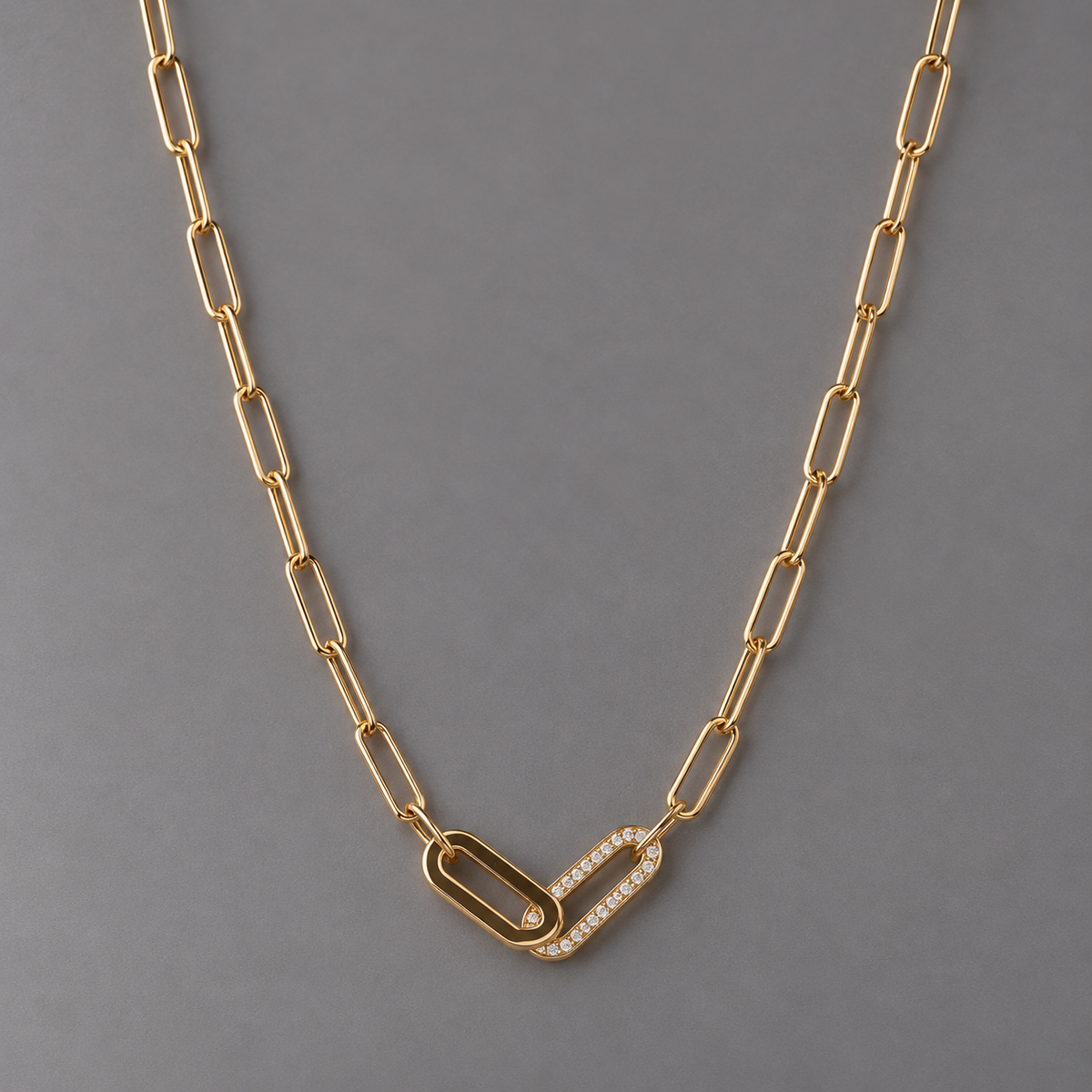 Gold Paperclip Chain Necklace with Pavé Interlocking Link Accent
