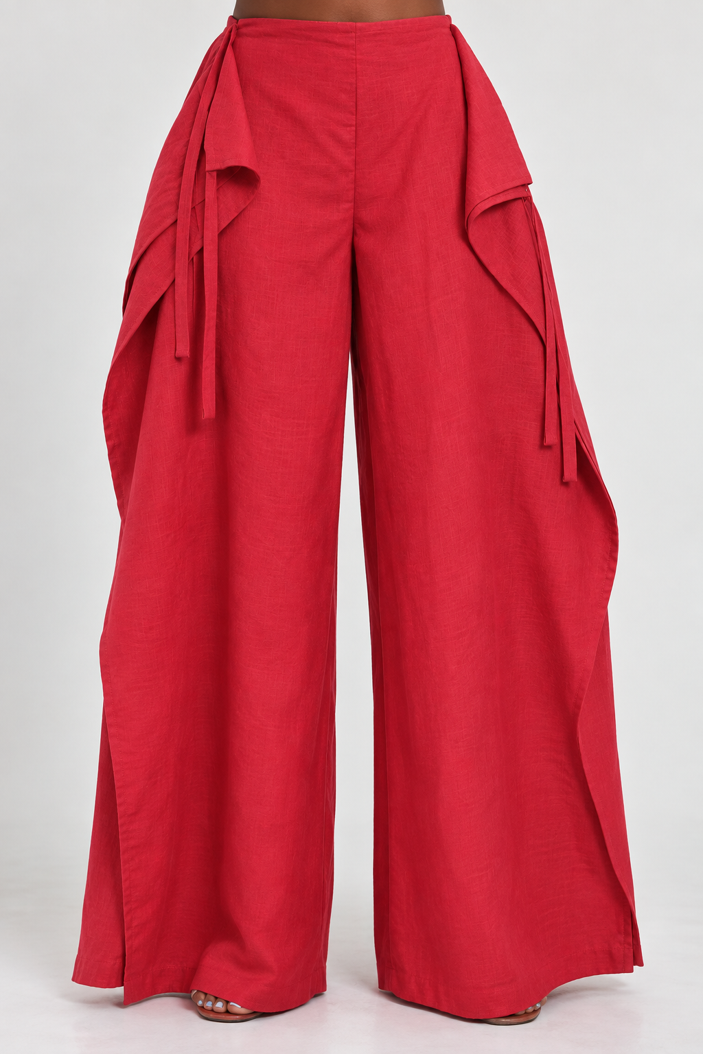 Red High-Waisted Side-Tie Draped Wide-Leg Trousers