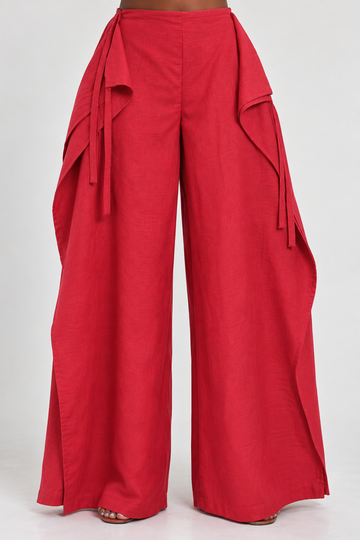 Red High-Waisted Side-Tie Draped Wide-Leg Trousers