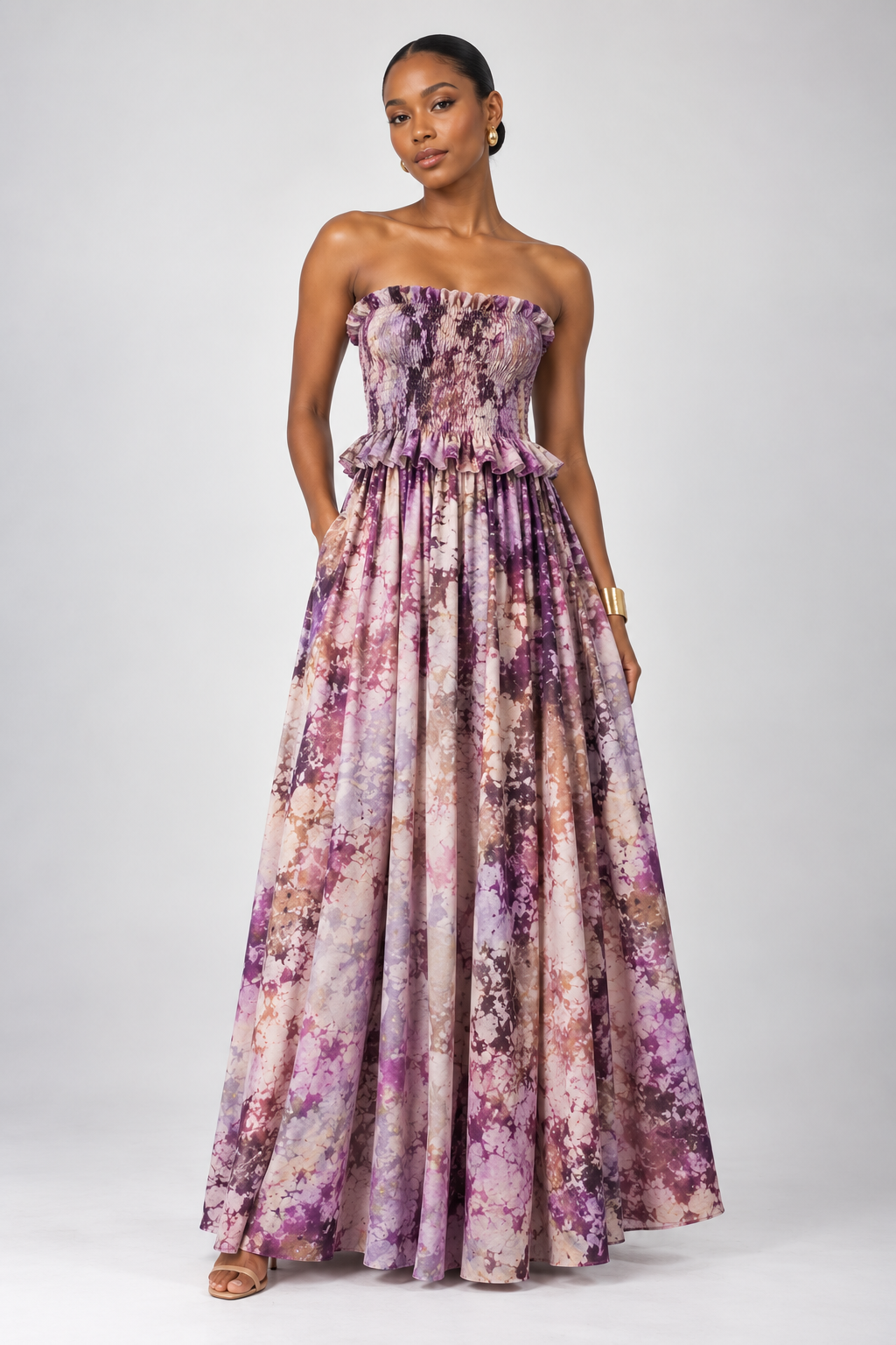 Smocked Printed Convertible Maxi Dress with Tie Straps