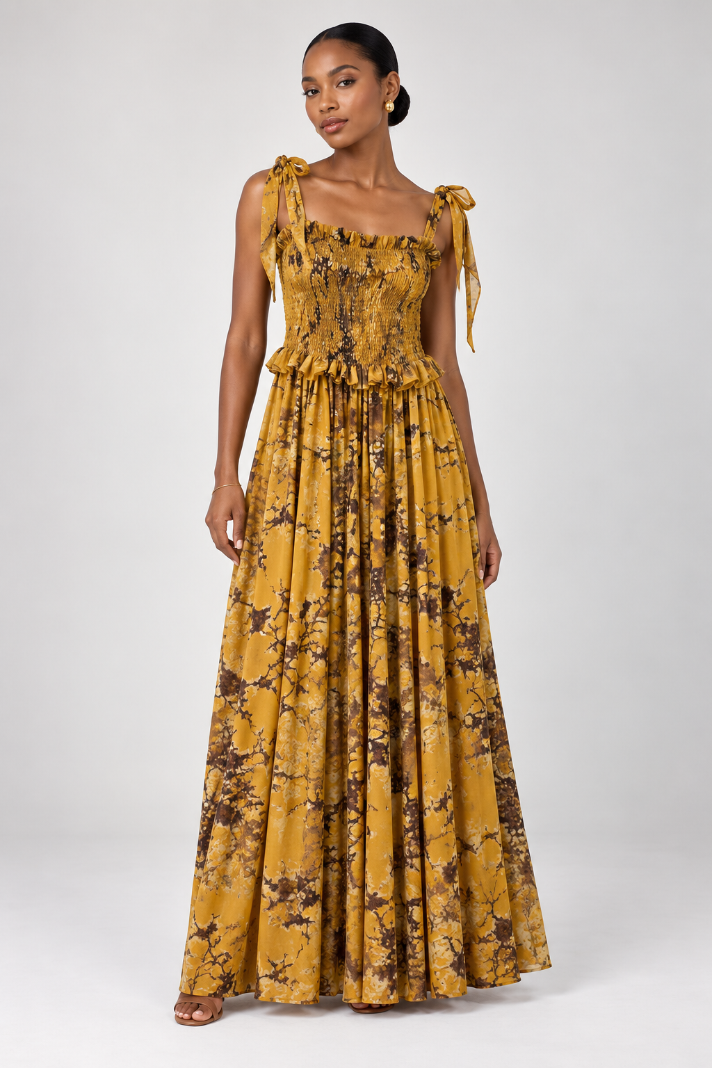 Smocked Printed Convertible Maxi Dress with Tie Straps