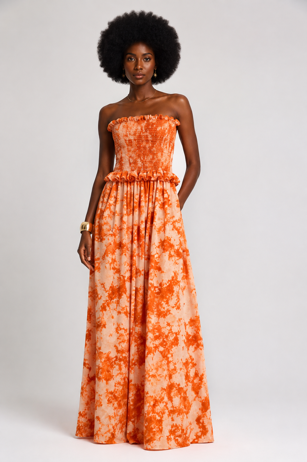 Smocked Printed Convertible Maxi Dress with Tie Straps