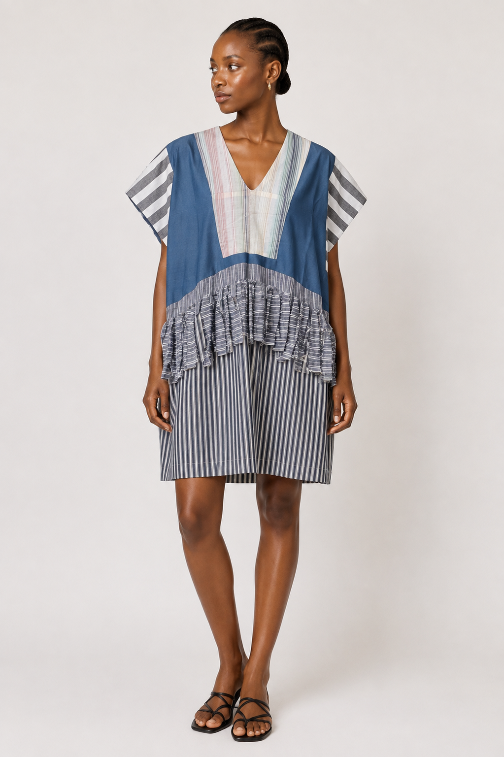 Striped Patchwork Tunic Dress with Fringe
