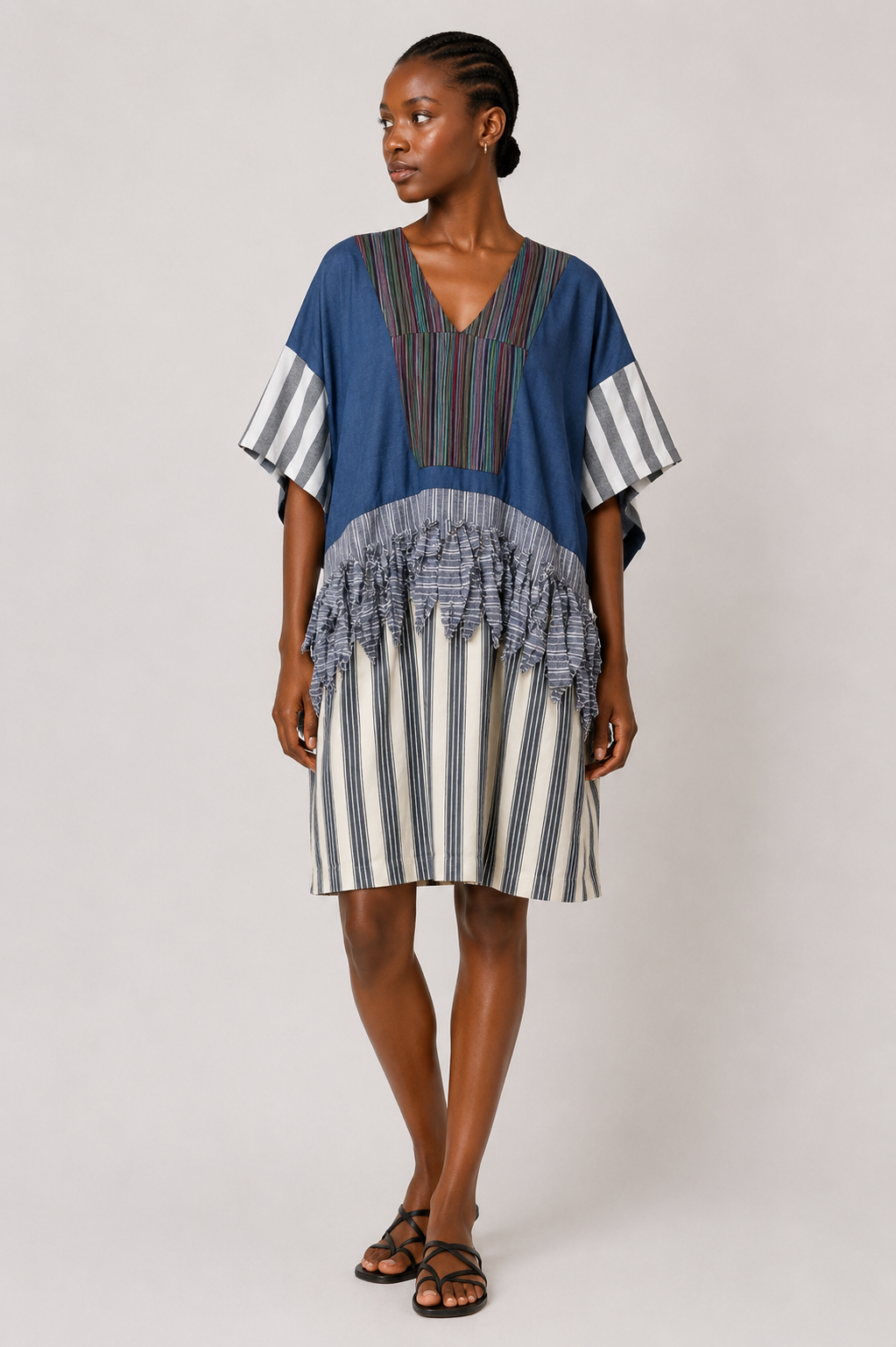 Striped Patchwork Tunic Dress with Fringe