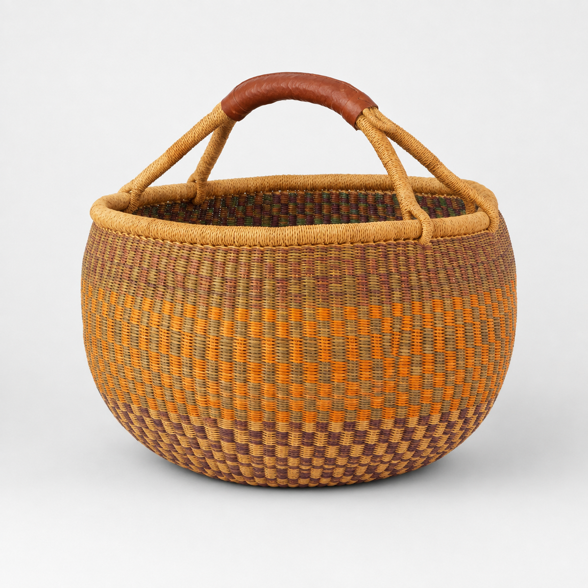 Handwoven Round Market Basket with Leather Wrapped Handle