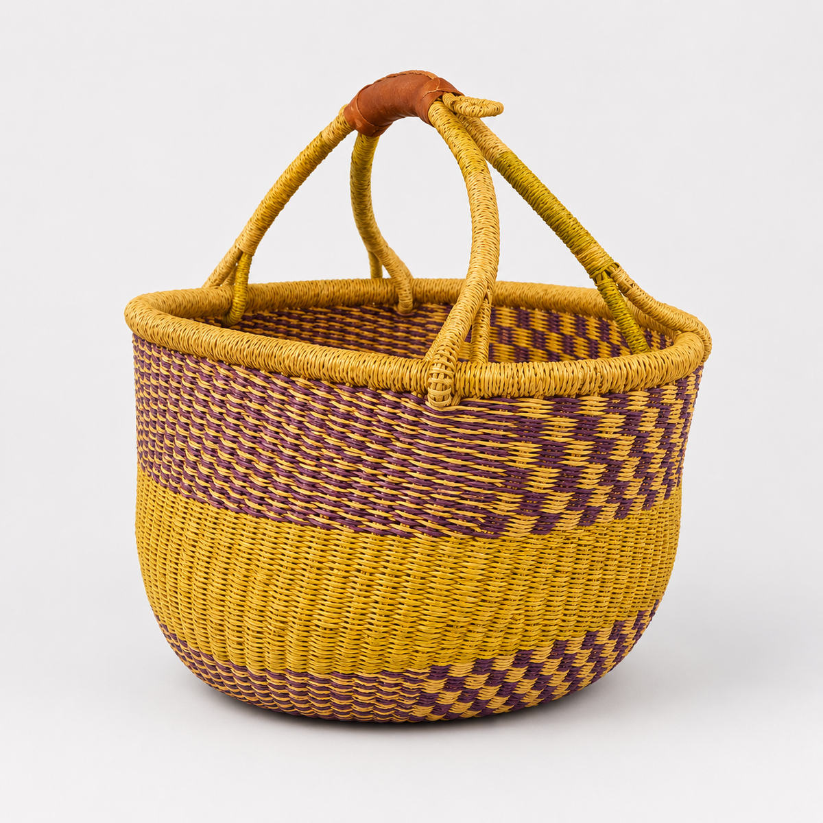 Handwoven Round Market Basket with Leather Wrapped Handle