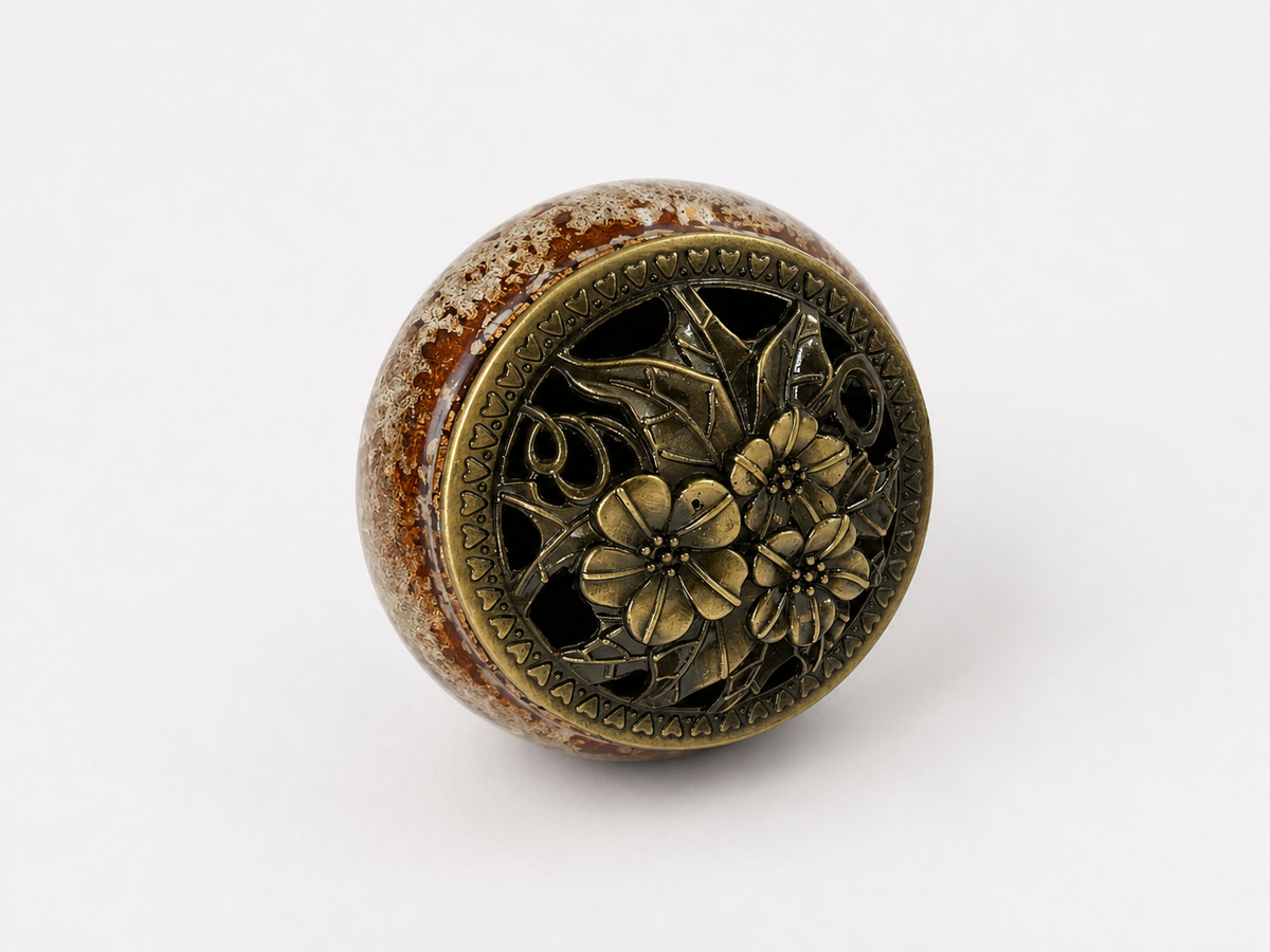 Ceramic Incense Burner with Brass Floral Lid