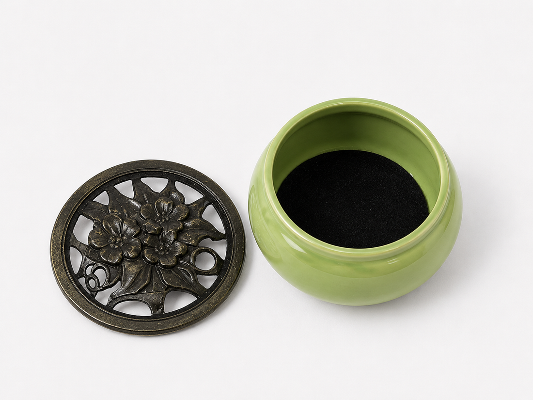 Ceramic Incense Burner with Brass Floral Lid