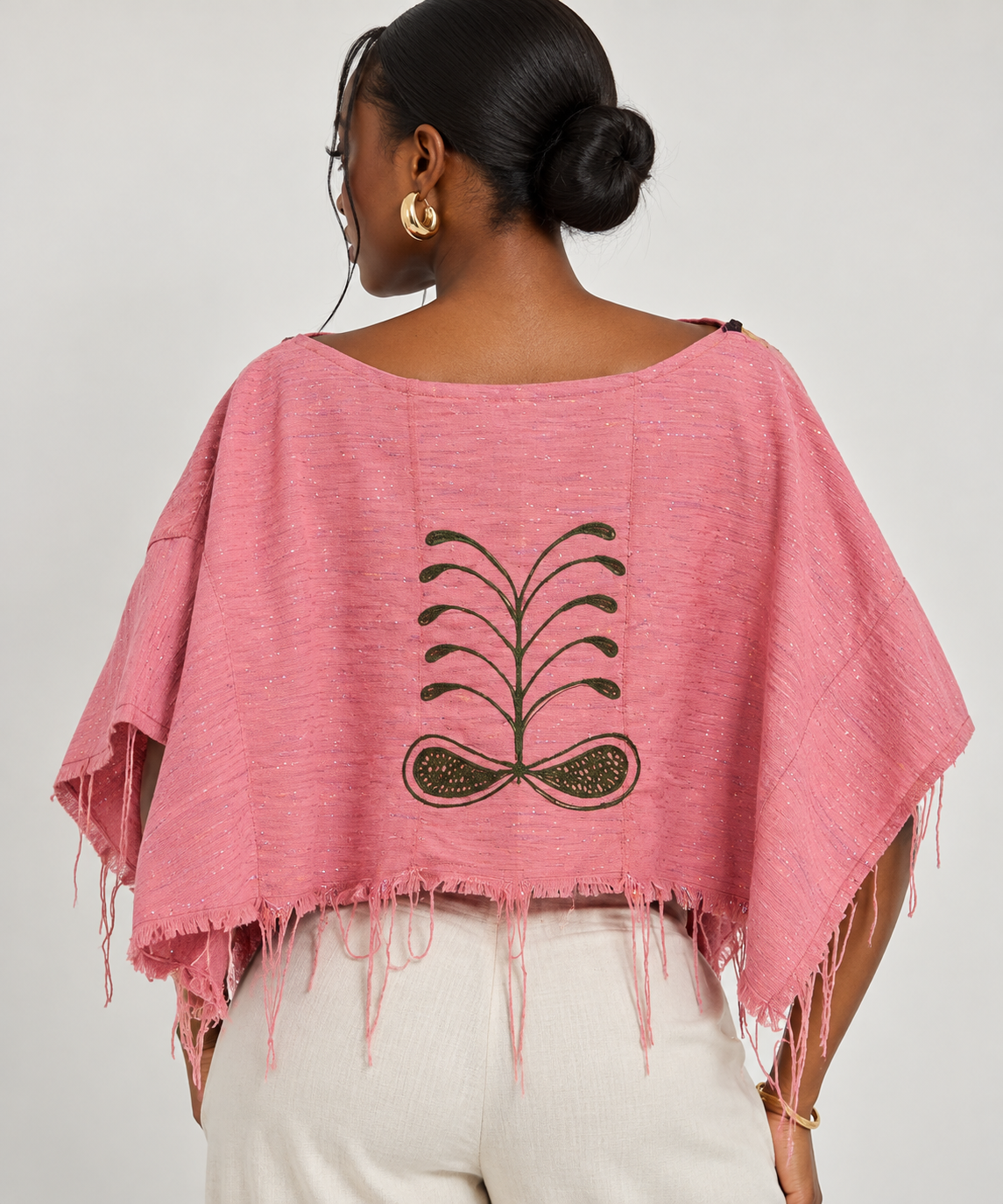 Dusty Pink Fringed Cropped Poncho Top with Embroidered Back