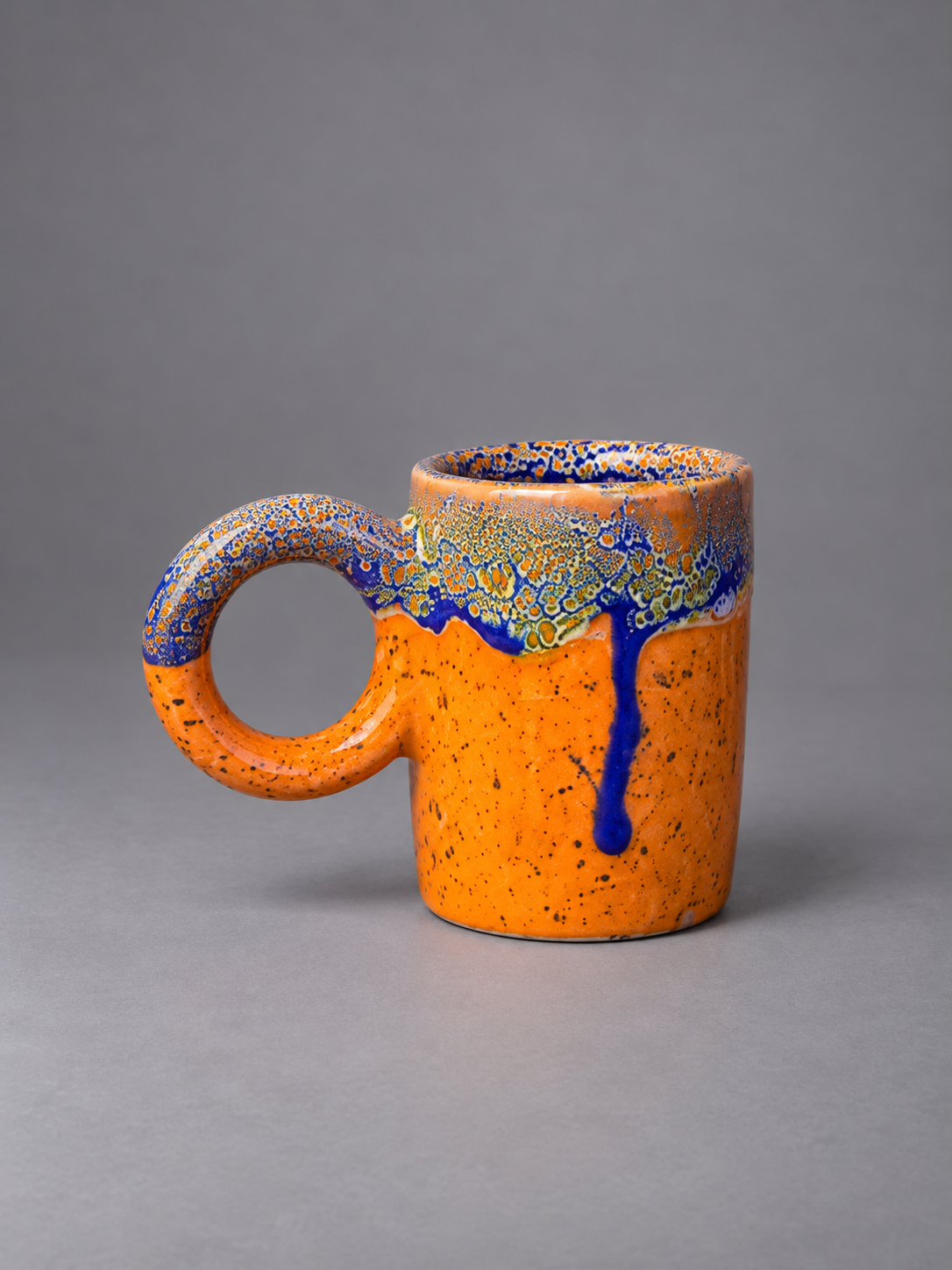 Handcrafted  Speckled Ceramic Mug with Blue Drip Glaze
