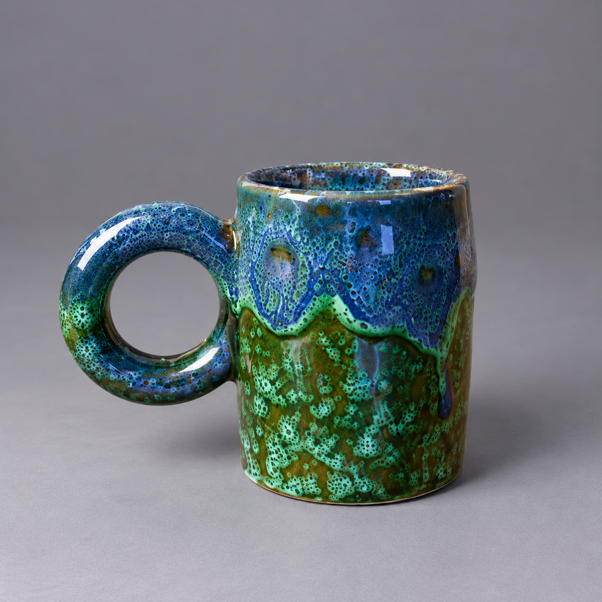 Handcrafted  Speckled Ceramic Mug with Blue Drip Glaze