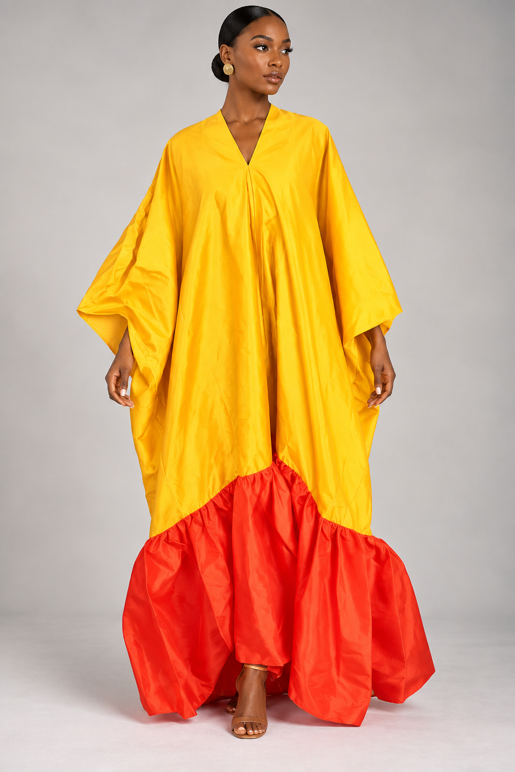 Two-Tone Voluminous Ruffled Kaftan Maxi Dress
