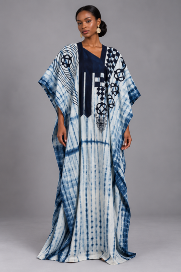 Adire Boubou with Navy blue embroidery