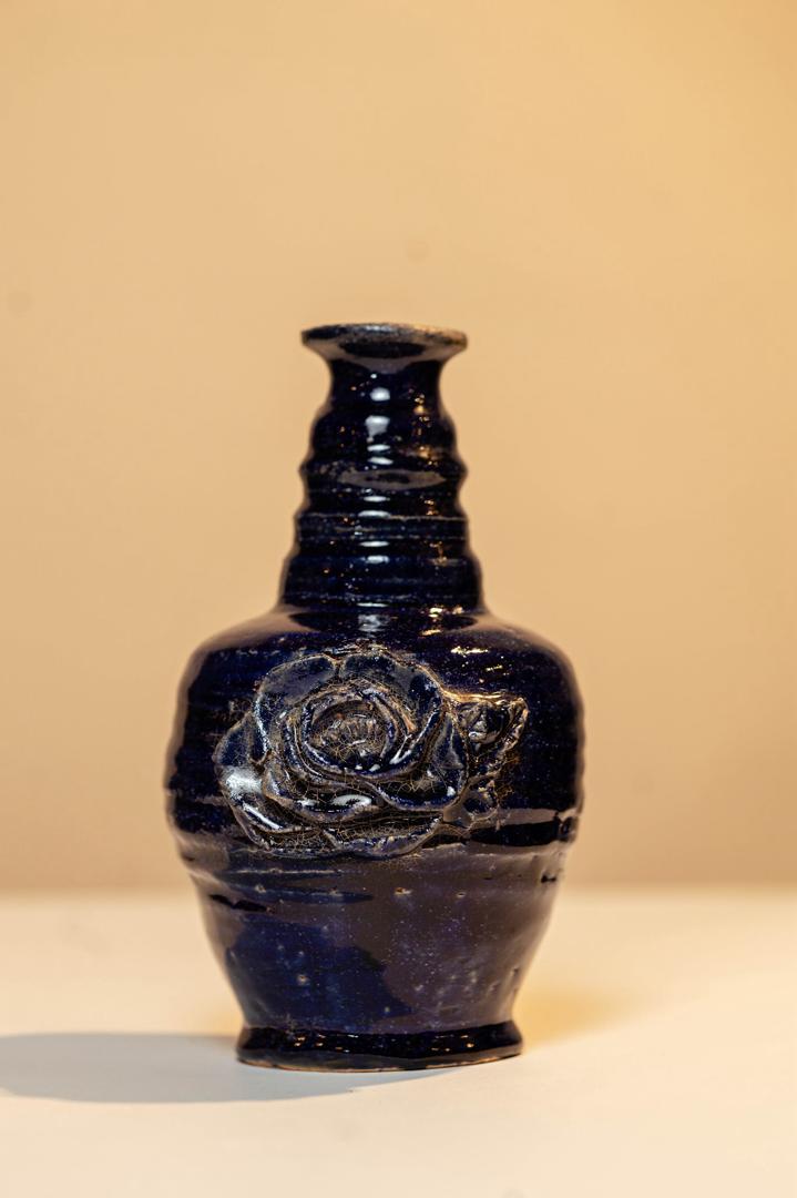 Handcrafted Floral Ceramic Vase Set in Deep Blue and Forest Green
